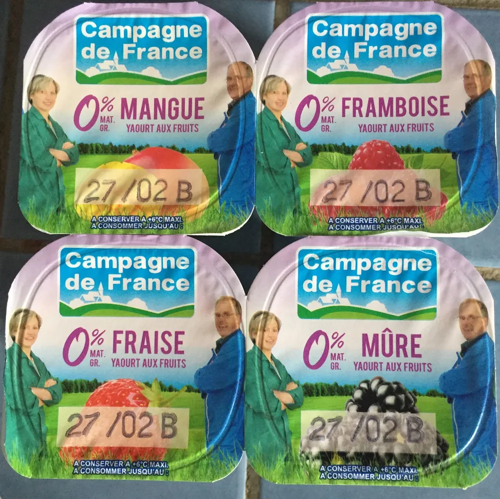 Yaourts aux fruits 0% (Mangue, Framboise, Mûre, Fraise)