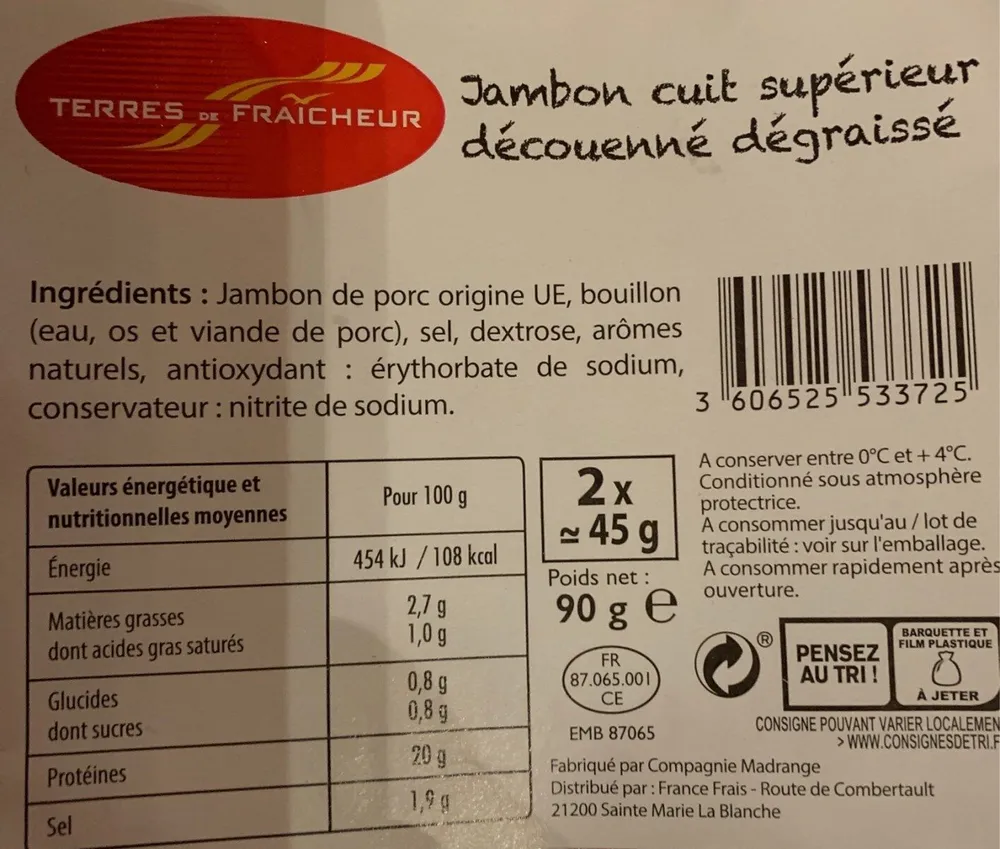 Jambon cuit supérieur découenné dégraissé