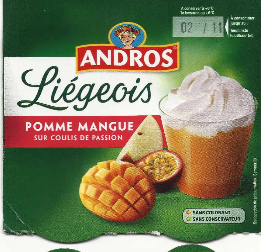 Liégeois de fruits  Pomme Mangue sur Coulis de Passion