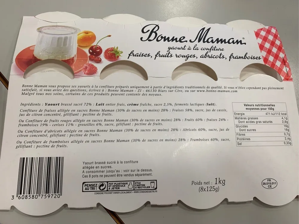 Bonne maman fraise fruits rouges abricot framboise