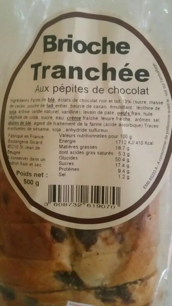 Brioche tranchée aux pépites de chocolat