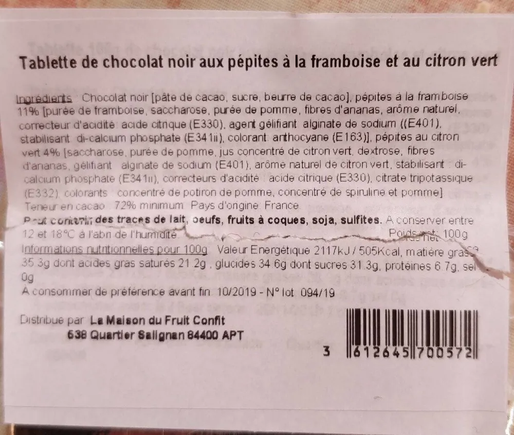 Tablette de chocolat noir framboise citron vert
