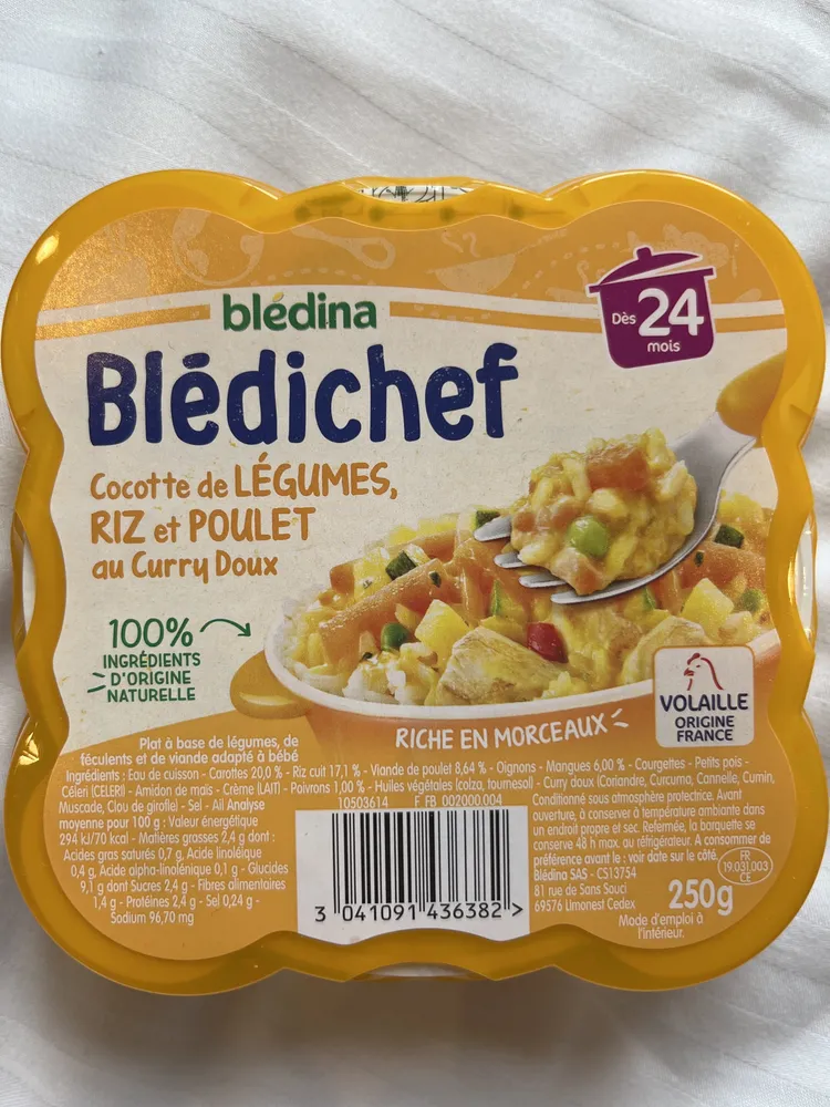 Blédichef cocotte de légumes riz et poulet au curry doux