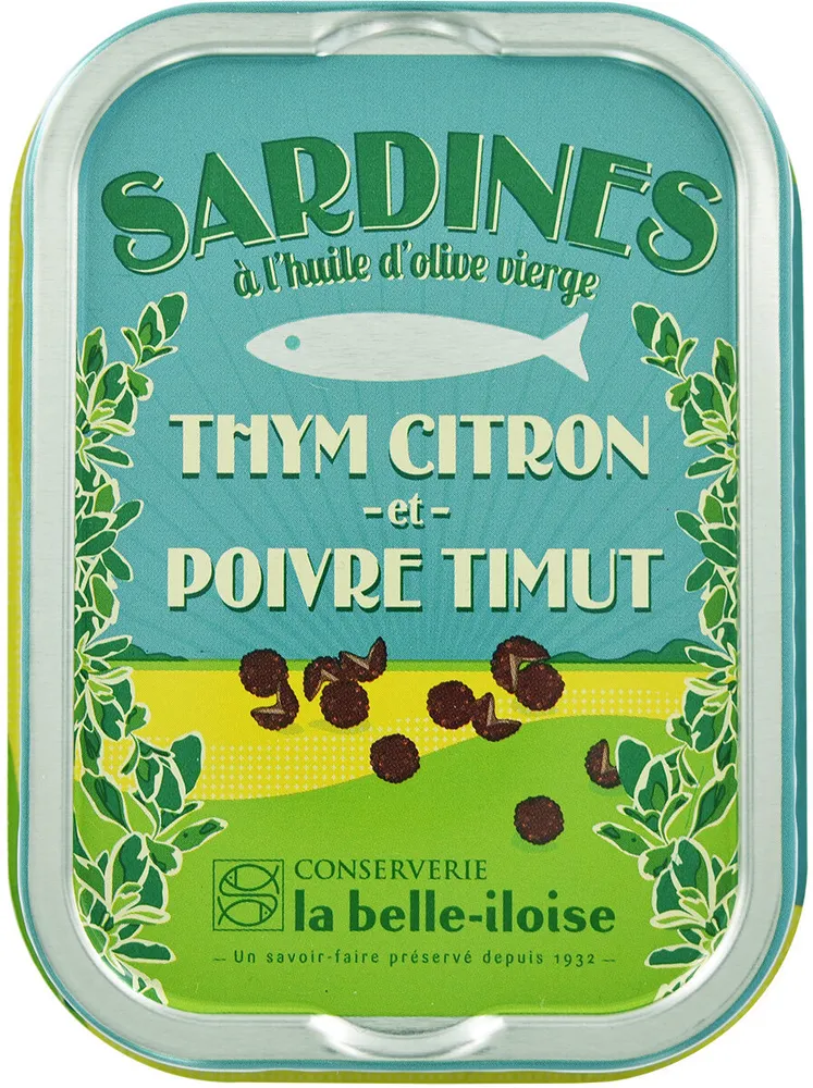Sardines à l'huile d'olive, thym citron et poivre Timut