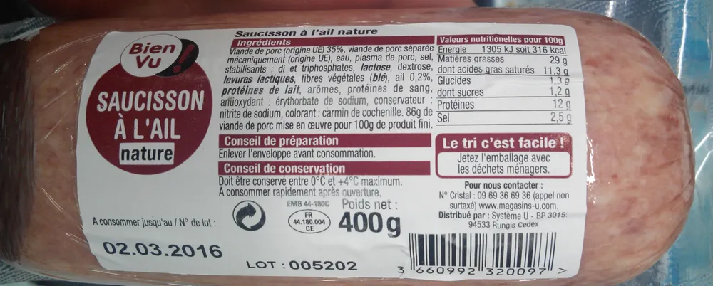 Saucisson à l'ail nature