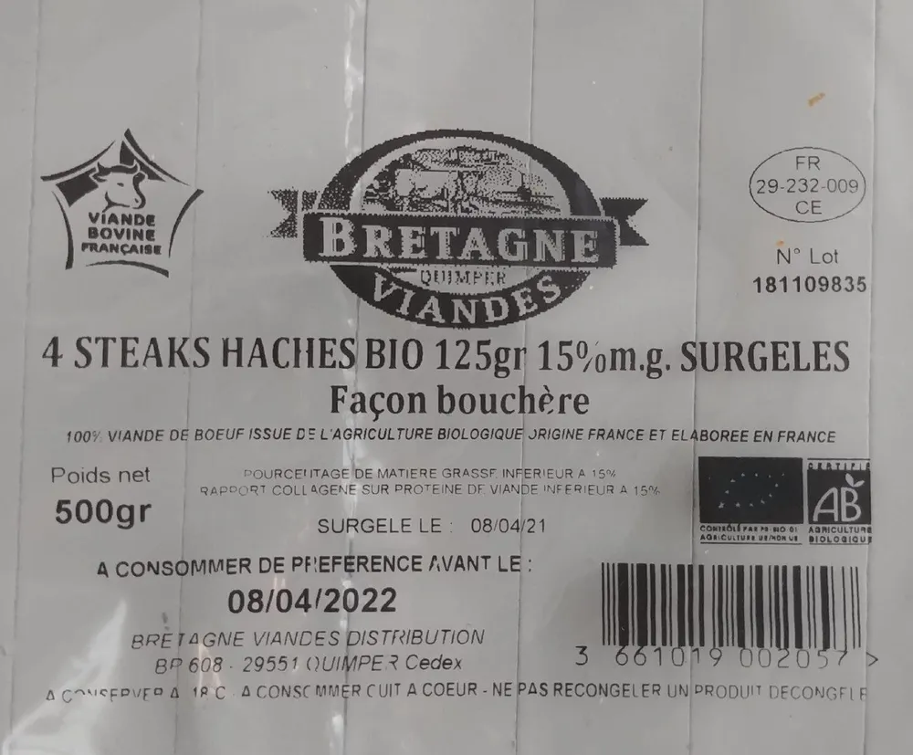 Steacks hachés bio 125gr 15 % m.g. surgelés