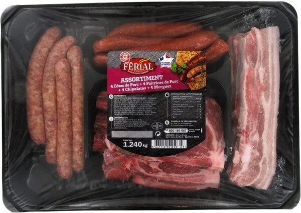 Assortiment : 4 côtes de porc + 4 poitrines de porc + 4 chipolatas + 4 merguez