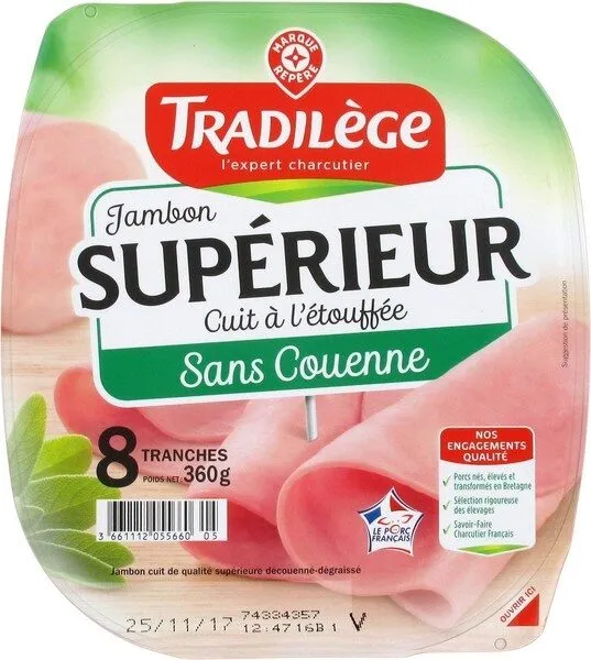 Jambon cuit supérieur décounné dégraissé 8 tranches