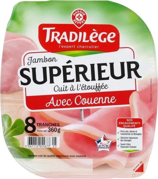 Jambon cuit supérieur avec couenne 8 tranches