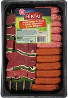 Assortiment : 4 brochettes de boeuf + 6 mini chipolatas + 6 mini merguez