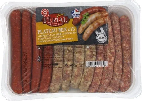 Assortiment : 4 chipolatas + 4 chipolatas aux herbes + 4 merguez