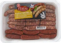 Assortiment : 9 mini chipolatas + 9 mini chipolatas aux herbes + 6 mini merguez