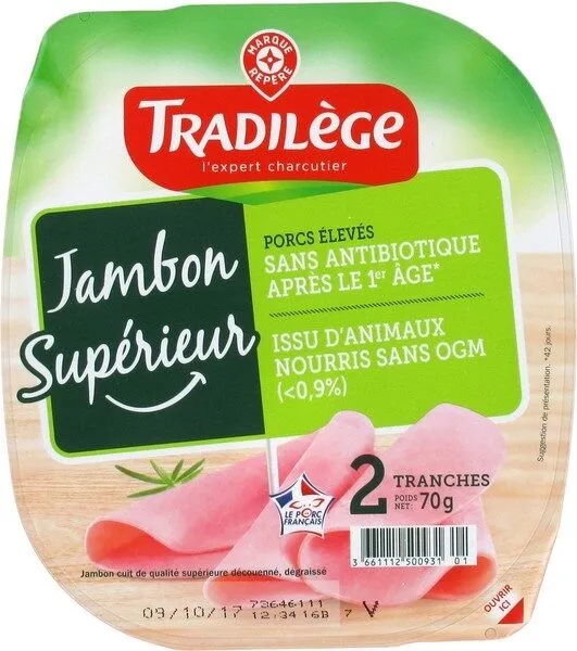 Jambon supérieur découenné dégraissé 2 tranches sans OGM et antibiotique