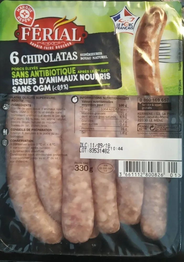 Chipolatas sans antibiotiques et sans OGM x 6