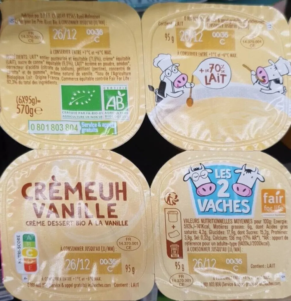 Les 2 Vaches Cremeuh Bio Vanille 95Gx6