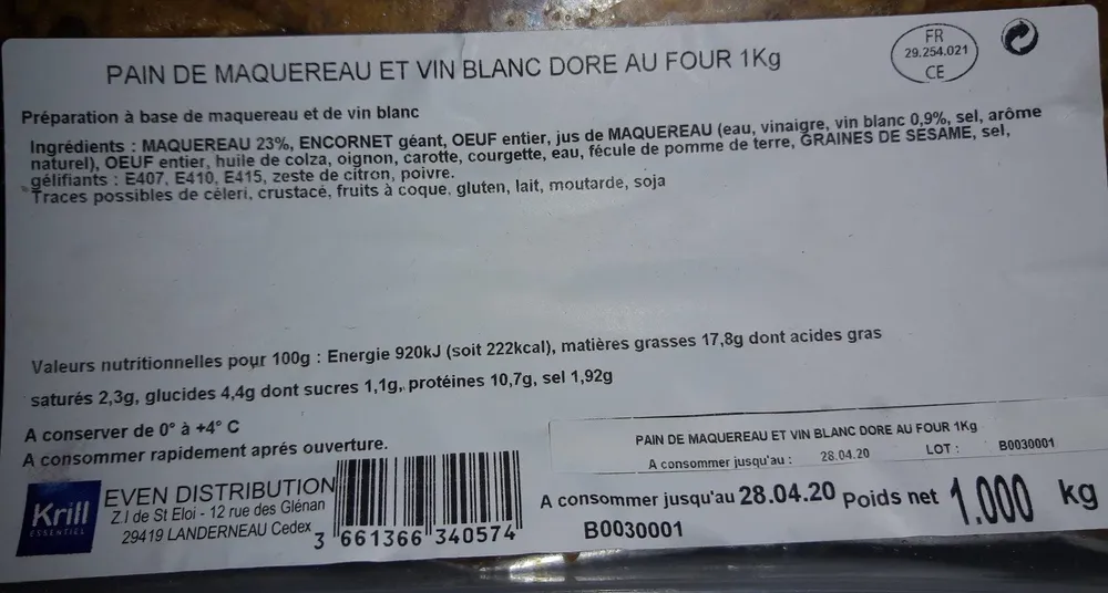 Pain de maquereau et vin blanc doré au four