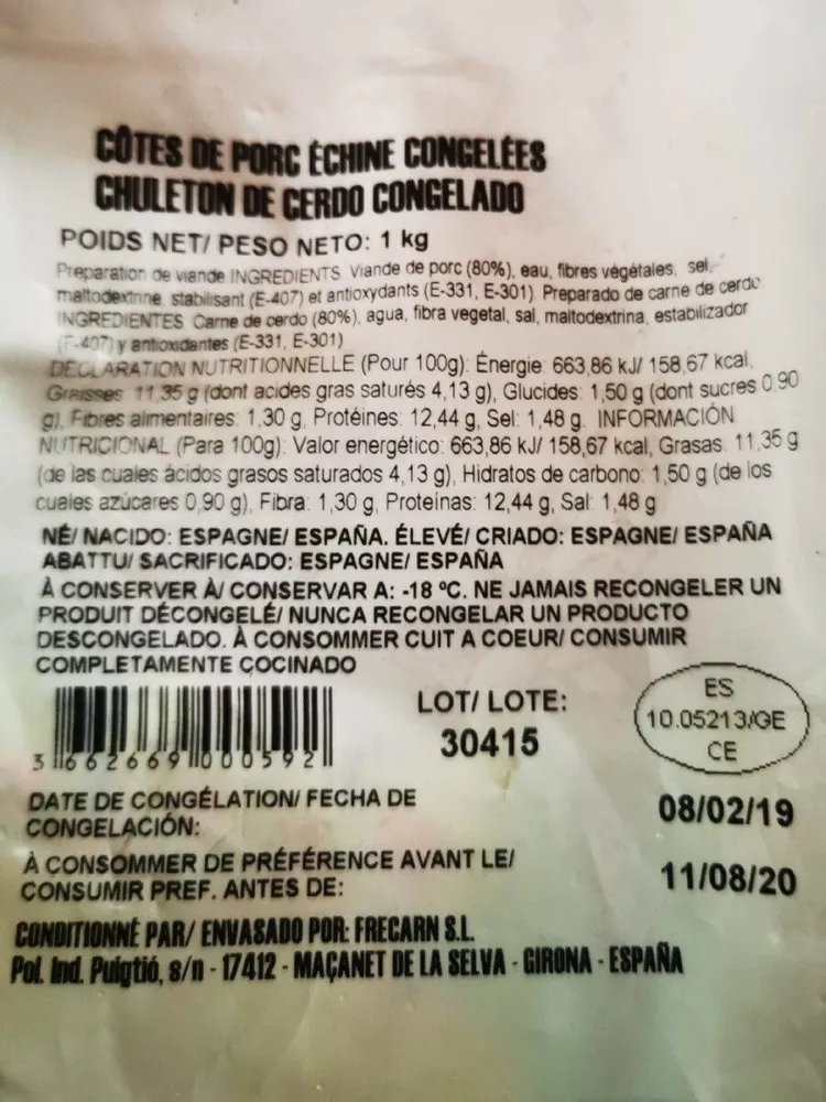 COTES DE PORC ÉCHINE CONGELÉES