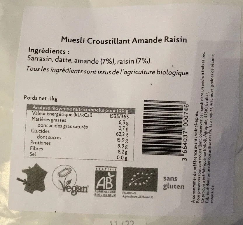Muesli croustillant amande raisin