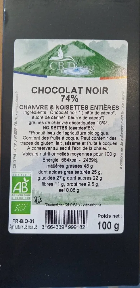 CHOCOLAT NOIR 74 CHANVRE NOISETTES ENTIÈRES