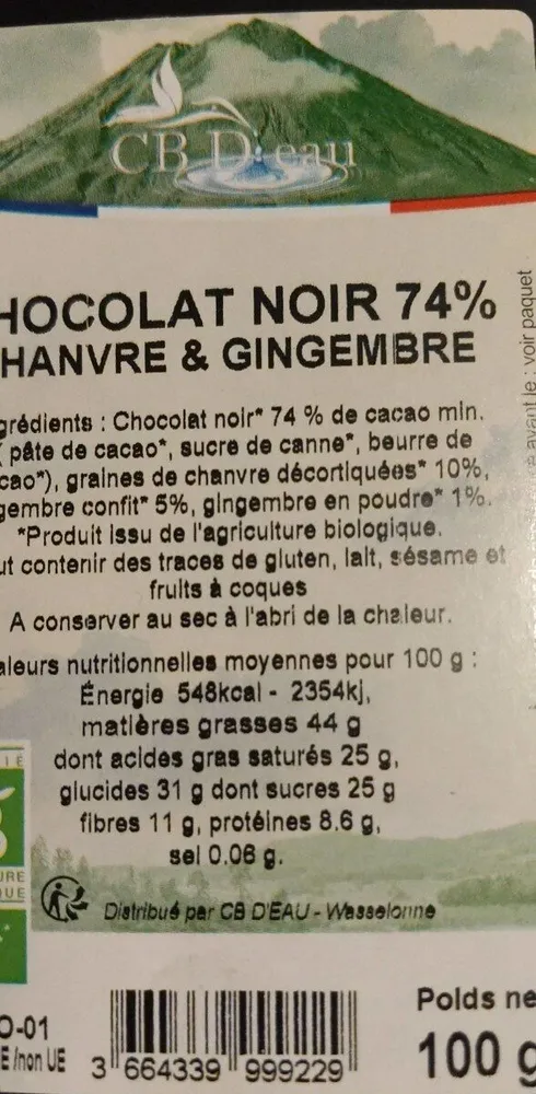 chocolat noir 74% chanvre et gingembre