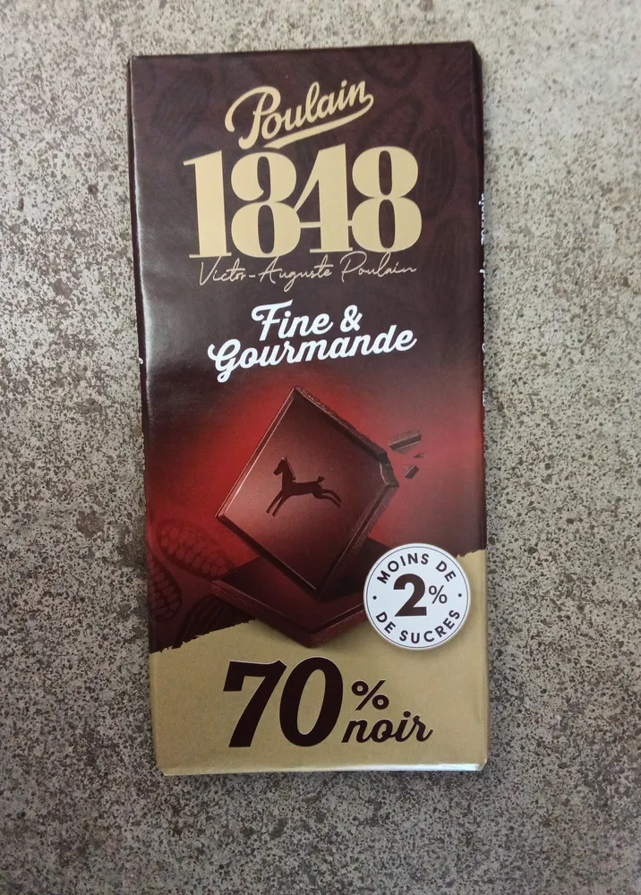tablette poulain fine et gourmande 70% noir moin 2%sucre