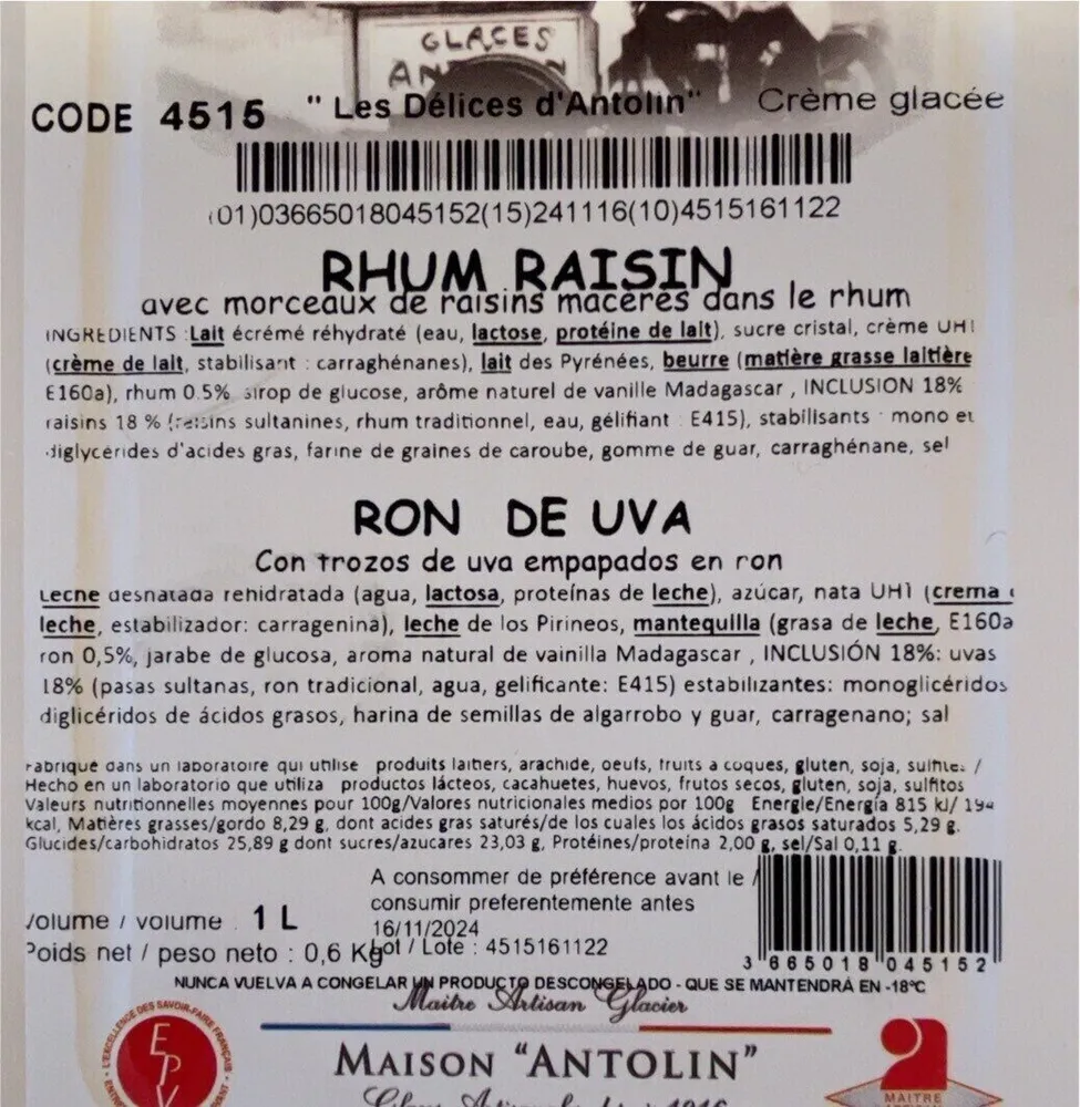 Crème glacée rhum raisin