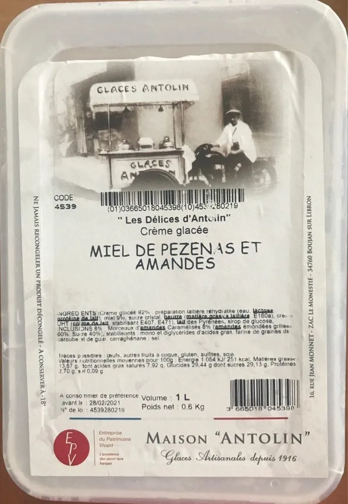 Glace Miel de Pezenas et Amandes