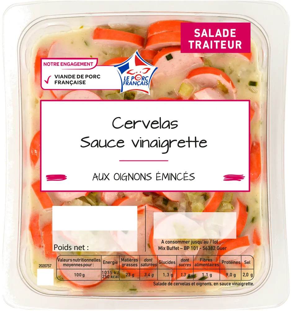 Cervelas sauce vinaigrette aux oignons émincés  800 g