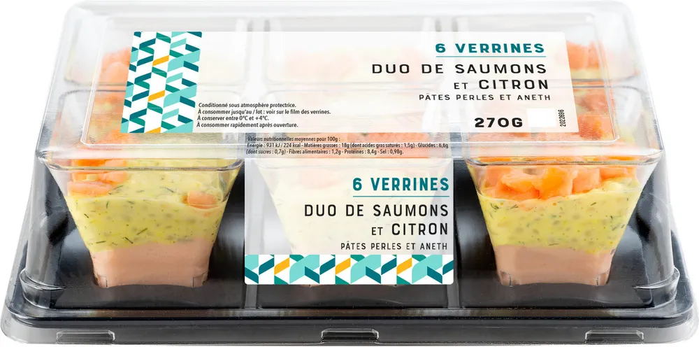 Verrines Duo de saumons et Citron, Pâtes perles et aneth