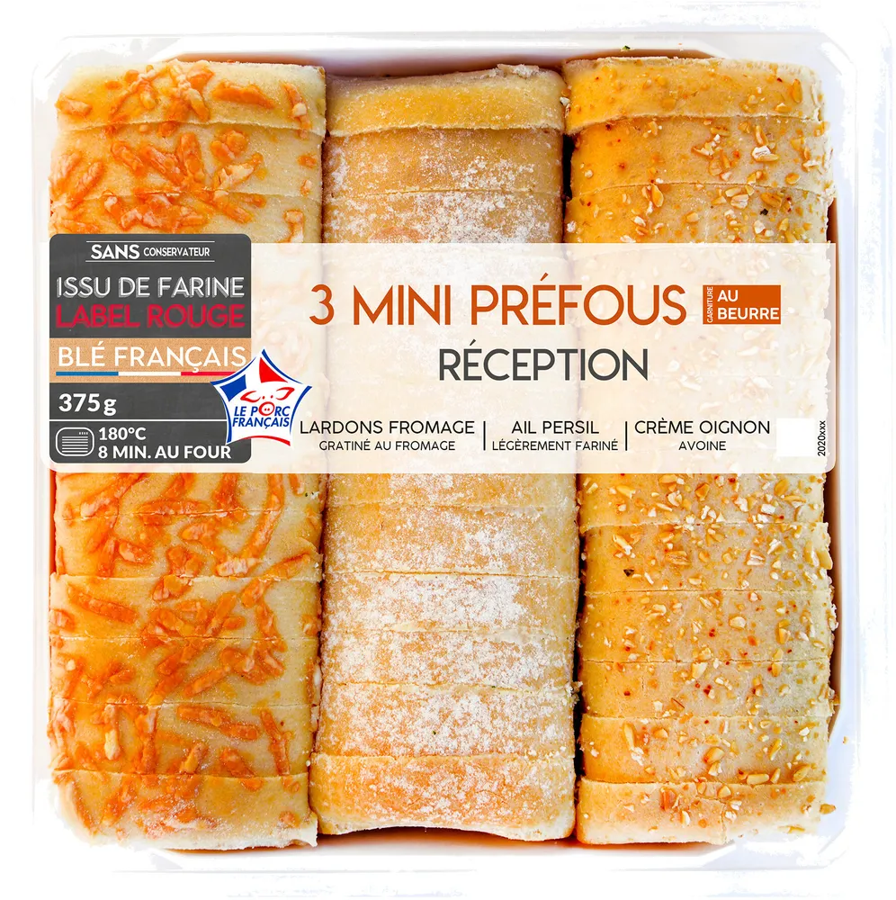3 Mini Préfous Réception : Lardons Fromage, Ail Persil, Crème Oignon