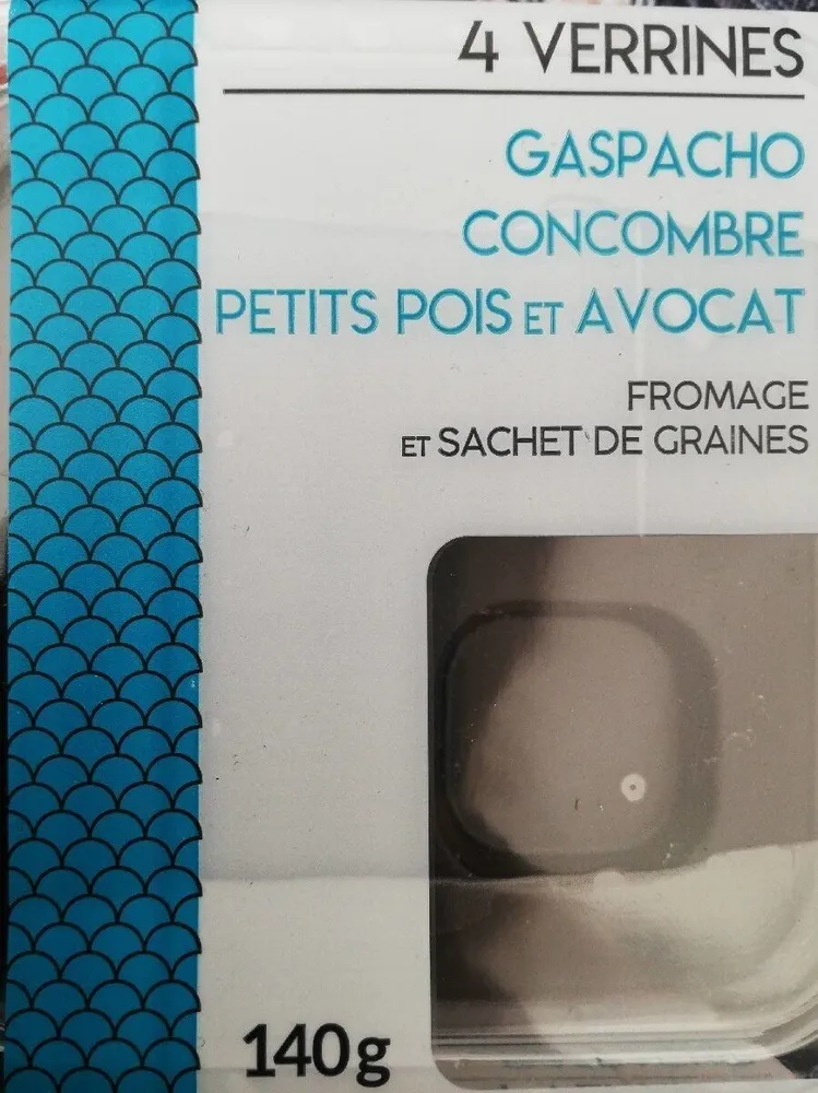 Vérin ne gaspacho, concombre, avocat, petits pois