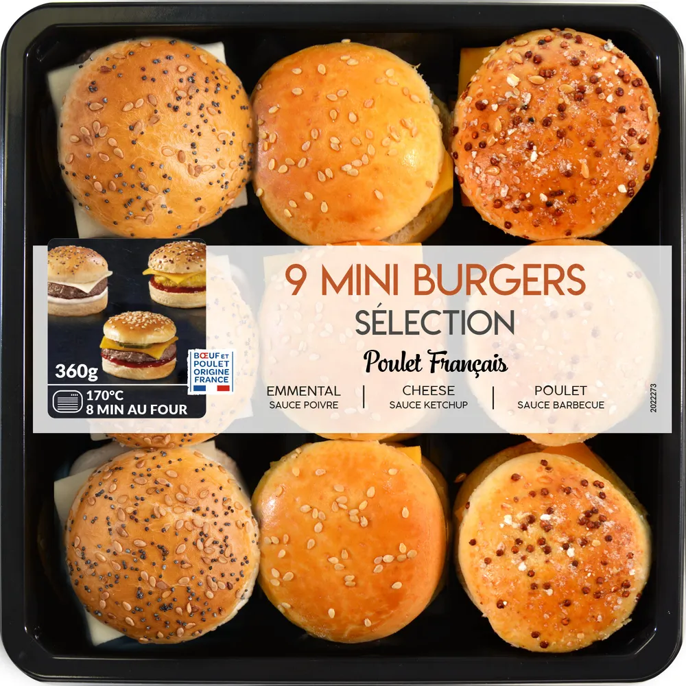 9 Mini Burgers Sélection (Emmental Poivre - Cheese - Poulet)