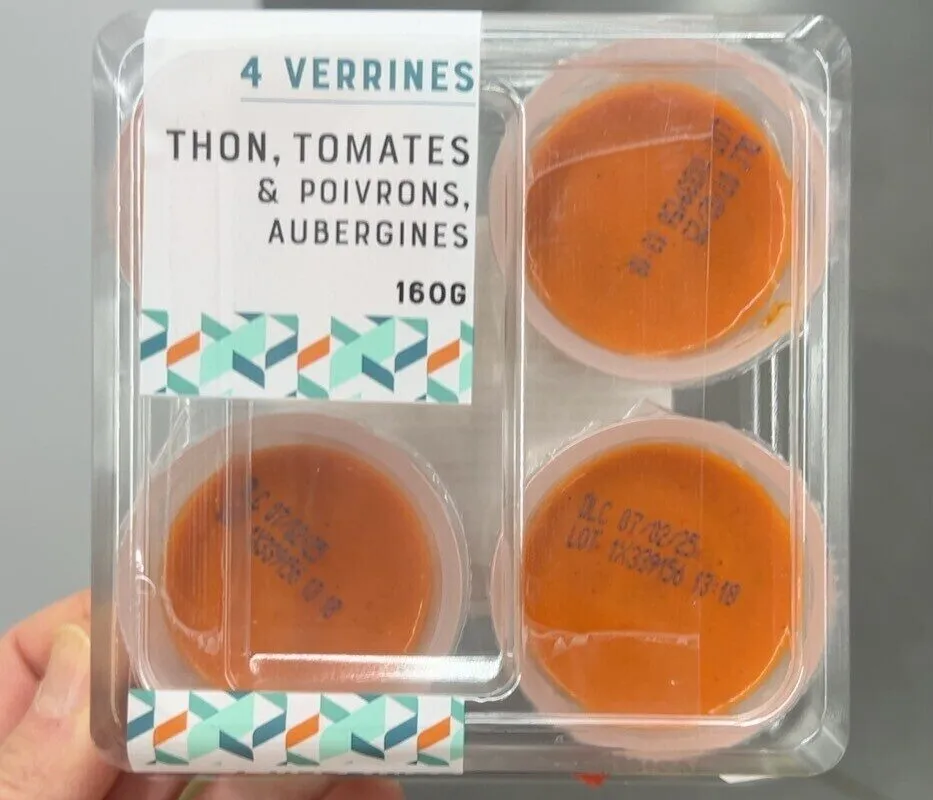 4 VERRINES PASTEURISÉES THON, TOMATES ET POIVRONS, AUBERGINES