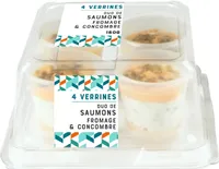 4 VERRINES PASTEURISÉES DUO DE SAUMONS, FROMAGE ET CONCOMBRE
