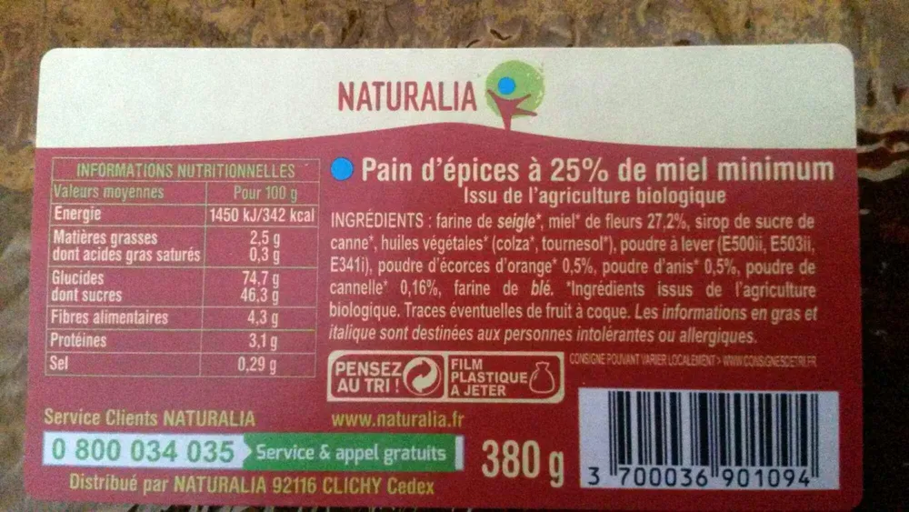 Pain d'épices à 25% de miel minimum