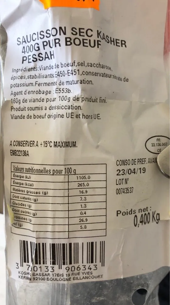 Saucisson sec pur boeuf kasher