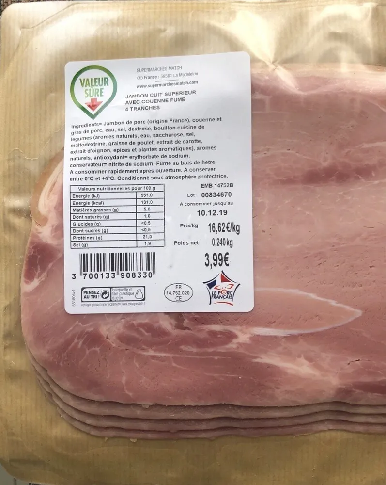 Jambon cuit supérieur avec couenne fumé
