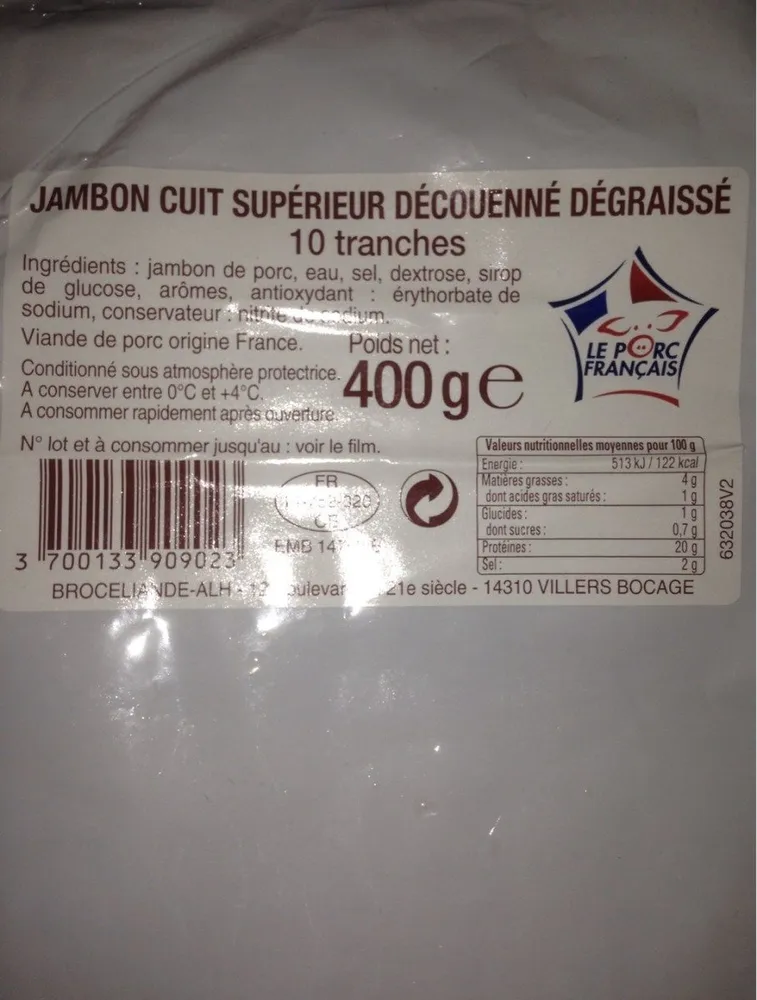 Jambon cuit supérieur découenné degraissé