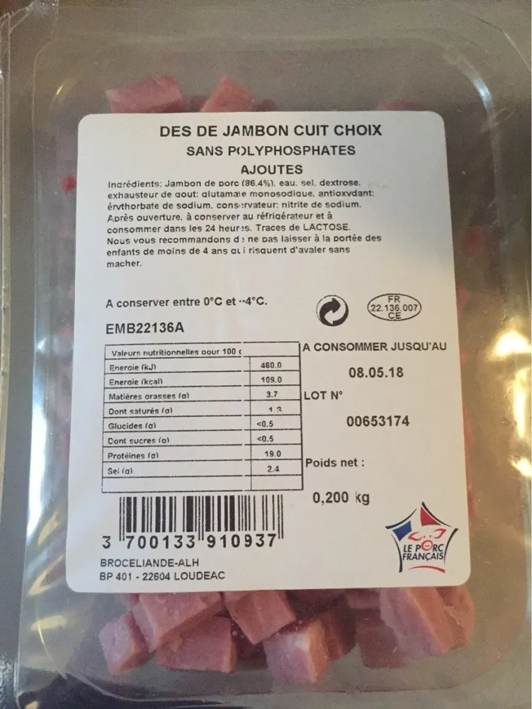 Des de jambon cuit choix dans polyphosphates ajoutes