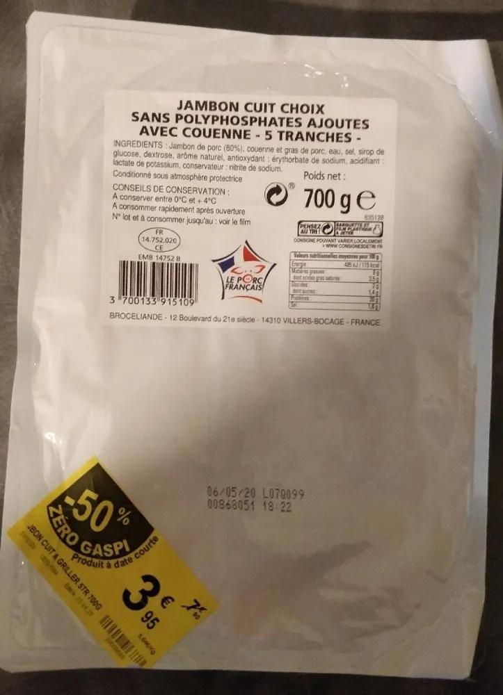 JAMBON CUIT CHOIX SANS POLYPHOSPHATES AJOUTÉS AVEC COUENNE
