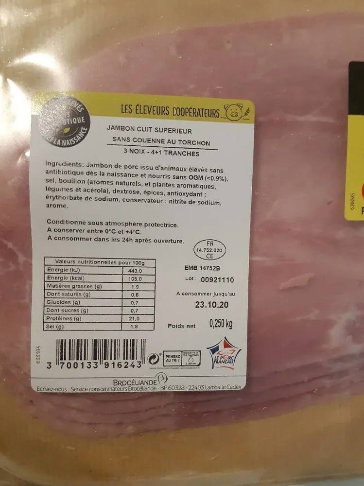 Jambon cuit supérieur sans couenne