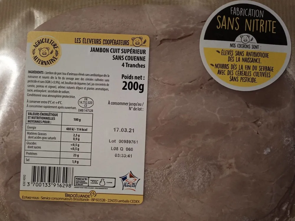Jambon cuit supérieur sans couenne 4 tranches