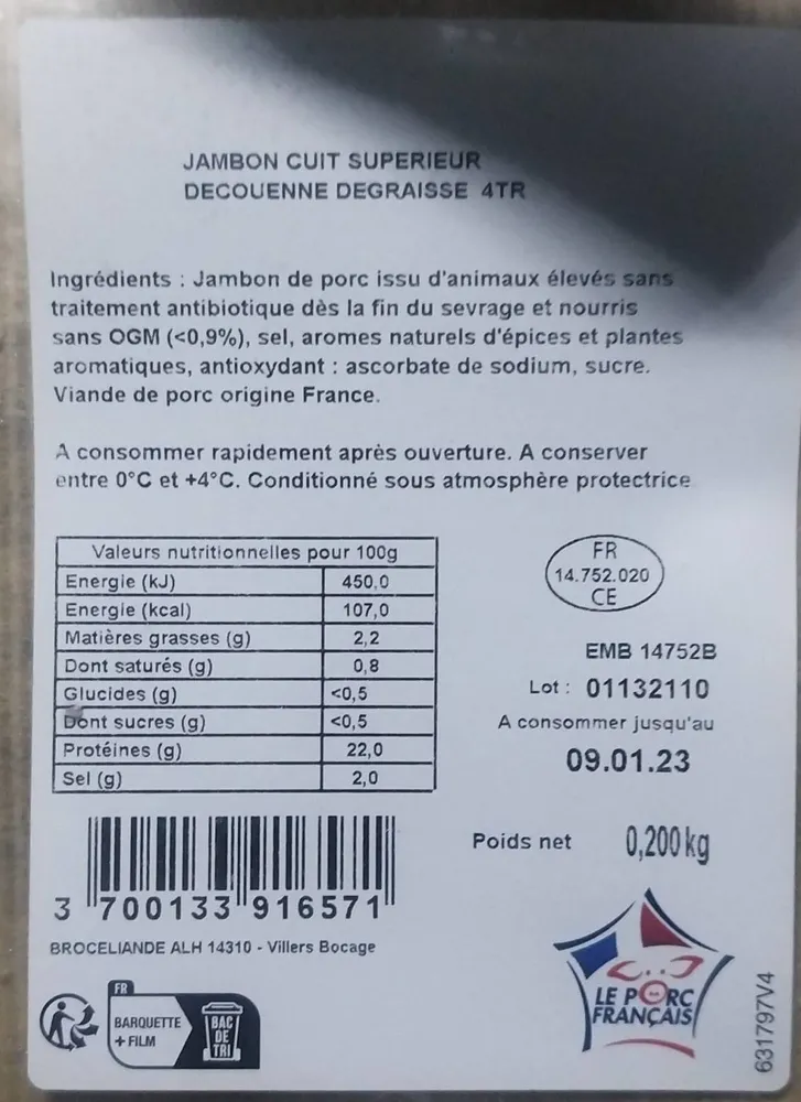 Jambon cuit supérieur decounne dégraissé 4 tranches