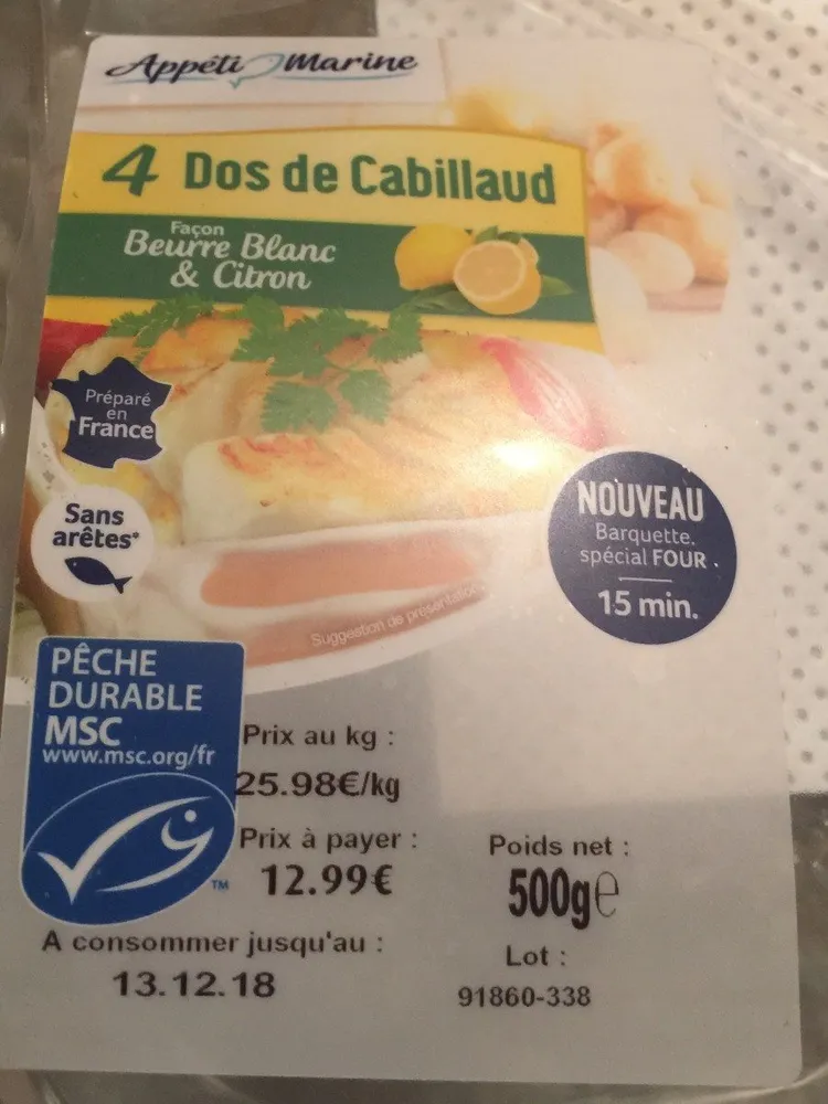 Dos de cabillaud msc sauce façon beurre blanc citron