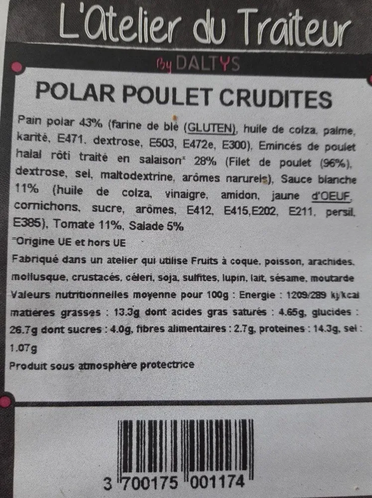 Sandwich polar poulet crudités