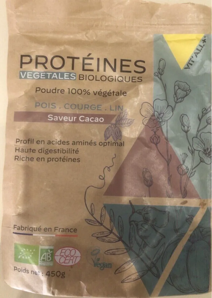 PROTÉINES VÉGÉTALES BIOLOGIQUES Poudre 100% végétale Saveur Cacao