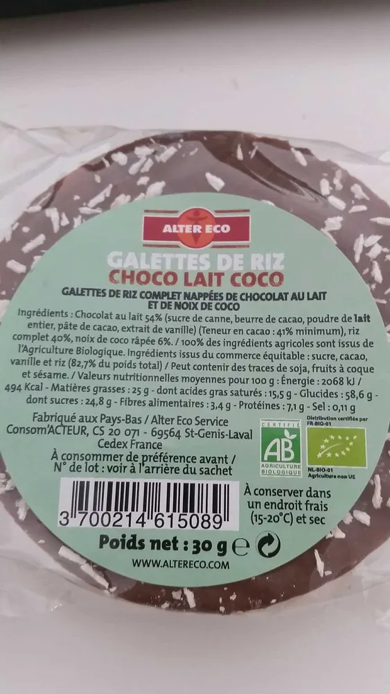 Galettes de riz chocolat lait coco