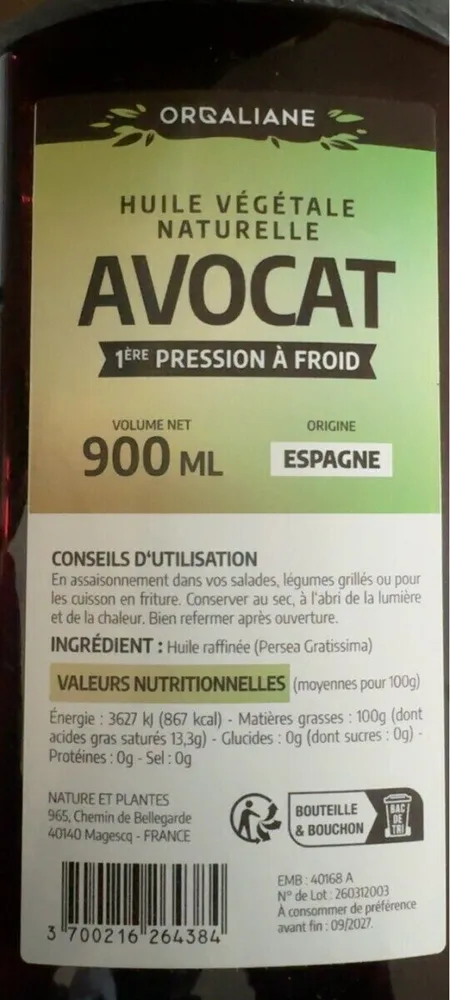 Huile végétale naturelle d’avocat