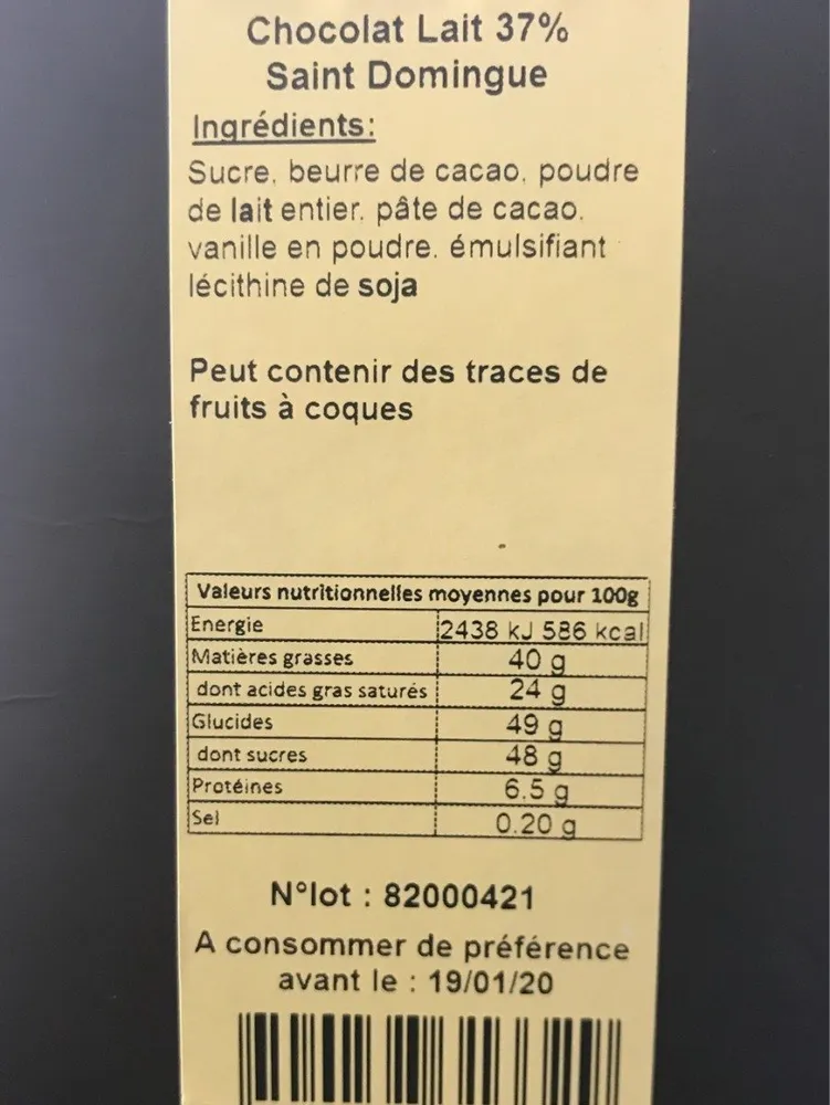 Chocolat au lait 37% Saint Domingue