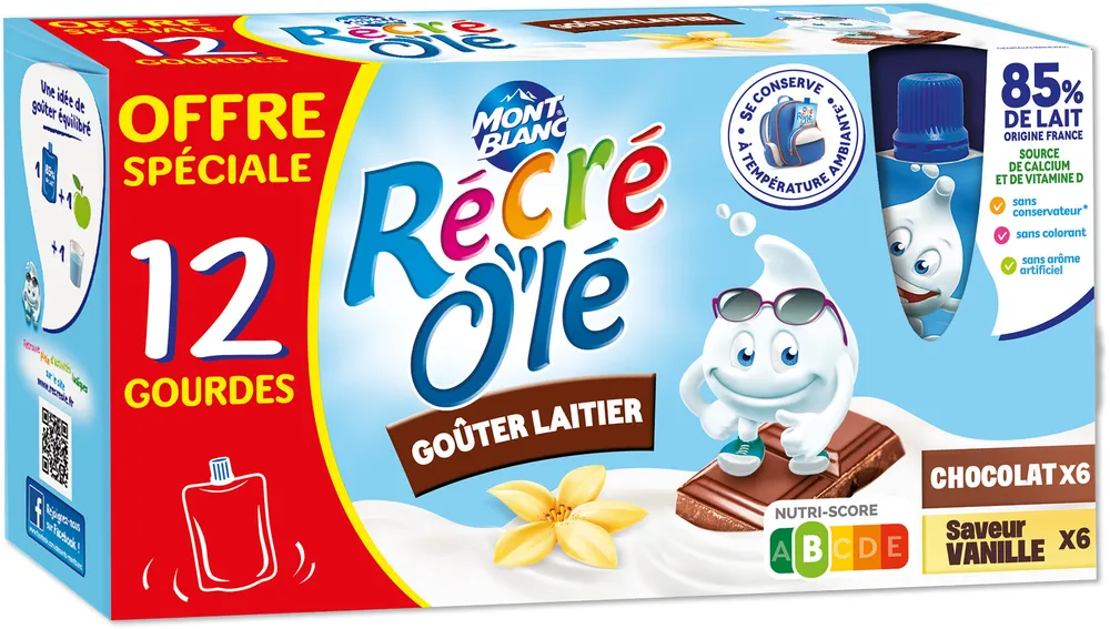 RÉCRÉ O'LÉ Goûter laitier Gourdes Chocolat, Saveur Vanille 12x85g